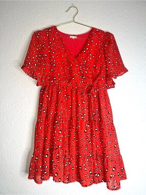 JODIFL Red Printed Babydoll Mini Dress with Black and White Accents Sz S